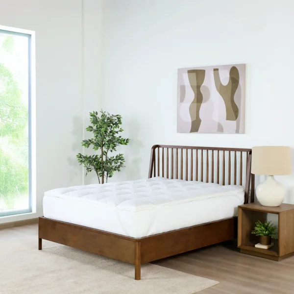 A Martex Naturals duck feather topper sitting on top of a mattress on a bed in a modern bedroom. There is a painting on the wall and a plant in the corner, as well as big window letting in natural light. A lamp sits on a nightstand next to the bed,