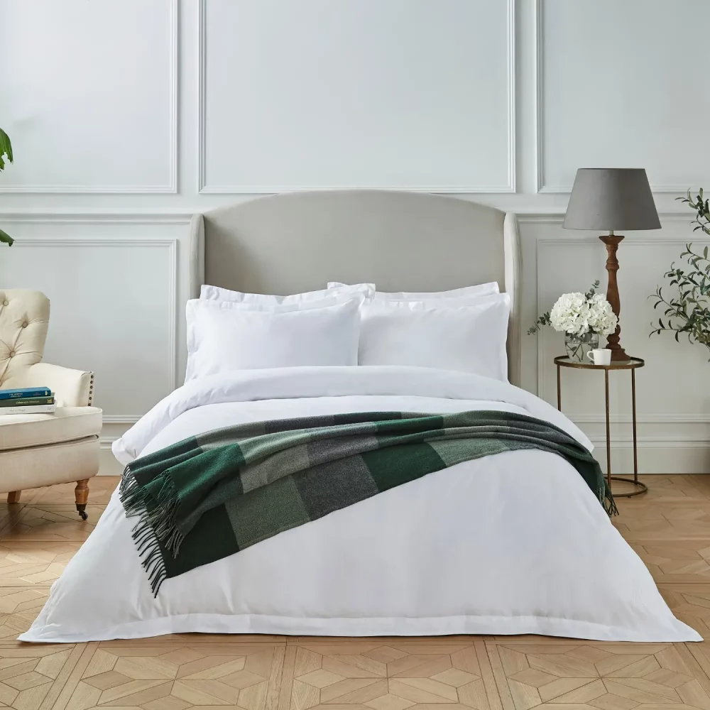 Liddell Lambswool Bistro Check Sage Green Blanket On Bed