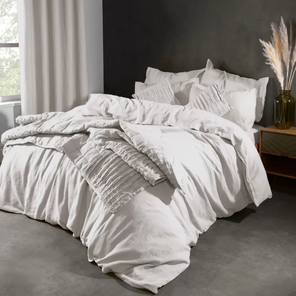 Lazy Linen White Throw On Bed