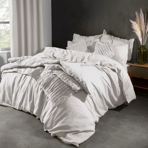 Lazy Linen White Throw On Bed