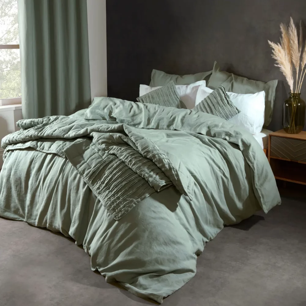 Lazy Linen Sage Throw On Bed