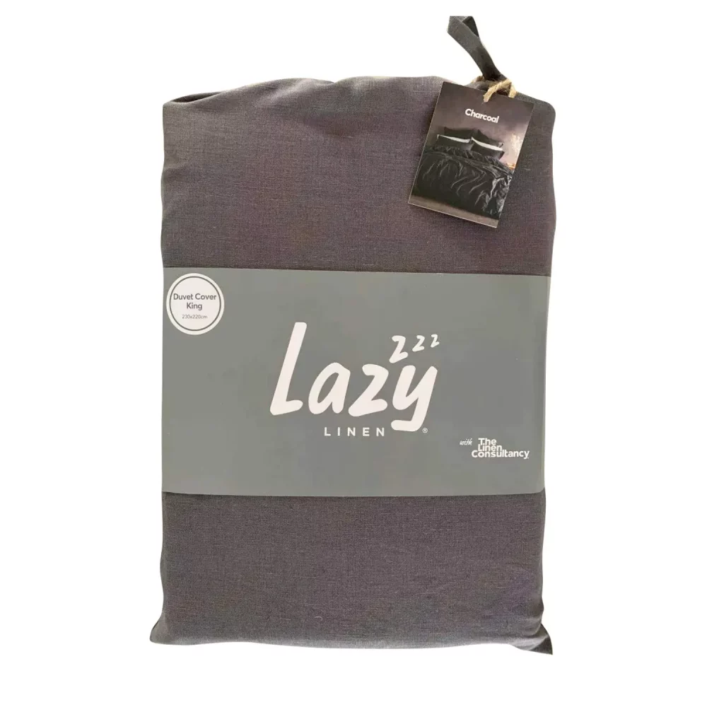 Package shot for the Lazy Linen charcoal colour duvet cover, made from 100% washed linen.