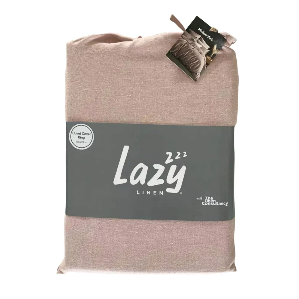 Package shot for the Lazy Linen mellow pink colour duvet cover, made from 100% washed linen.