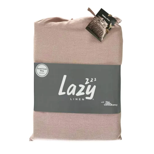 Package shot for the Lazy Linen mellow pink colour duvet cover, made from 100% washed linen.