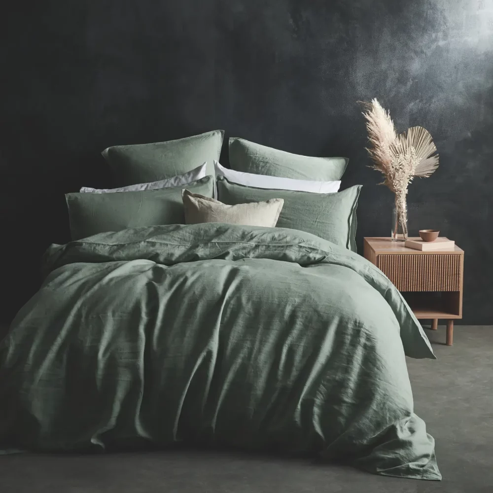 Lazy Linen sage colour duvet cover, made from 100% washed linen.