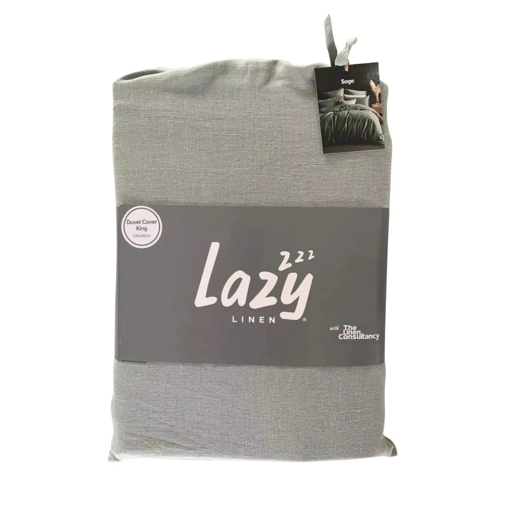 Package shot for the Lazy Linen sage colour duvet cover, made from 100% washed linen.