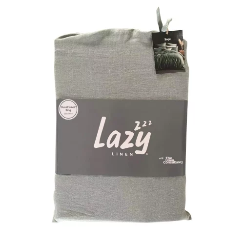 Package shot for the Lazy Linen sage colour duvet cover, made from 100% washed linen.