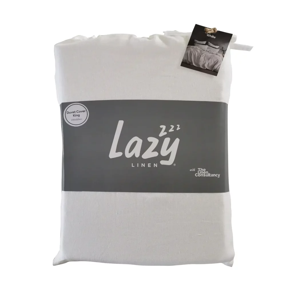Package shot for the Lazy Linen white duvet cover, made from 100% washed linen.