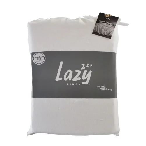 Package shot for the Lazy Linen white duvet cover, made from 100% washed linen.