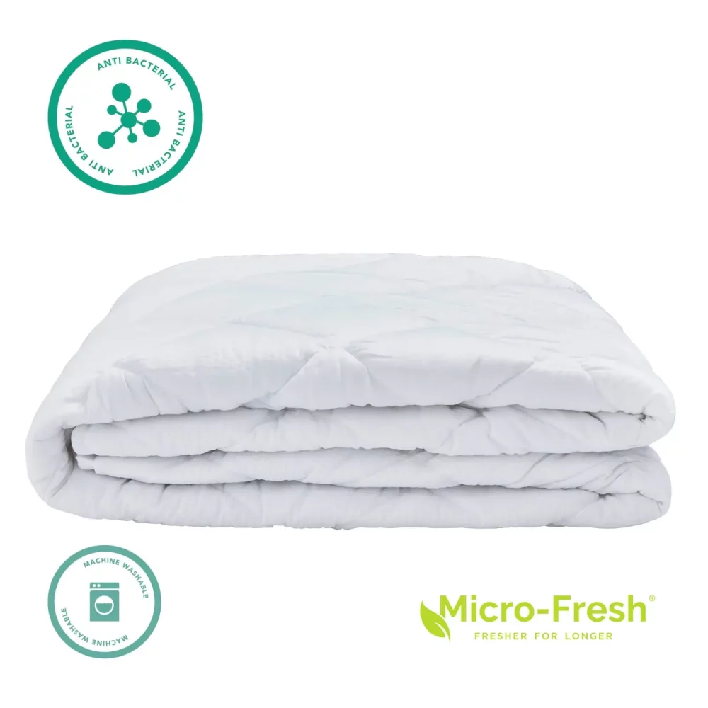 A Vision Essentials seersucker mattress topper with anti-bacterial and machine washable labels on it. It also has the Micro-Fresh antibacterial protection logo on it, with the slogan 'fresher for longer'