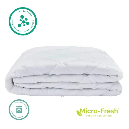 A Vision Essentials seersucker mattress topper with anti-bacterial and machine washable labels on it. It also has the Micro-Fresh antibacterial protection logo on it, with the slogan 'fresher for longer'