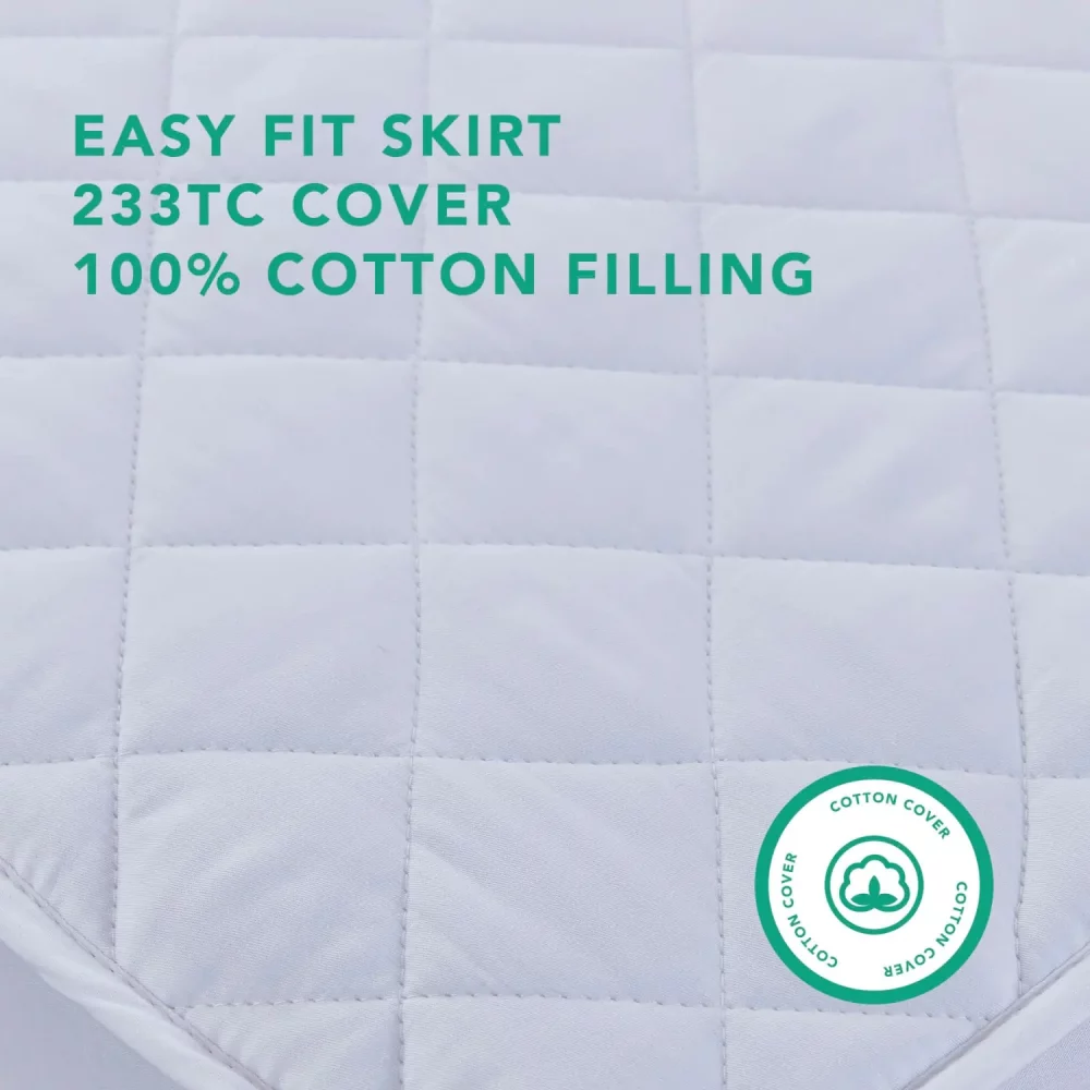 A close up of a Vision Essentials 100% cotton quilted mattress protector. The image has text on it that says 'easy fit skirt, 233tc cover, 100% cotton filling and cotton cover'.