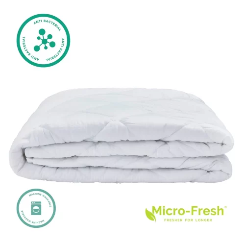 A Vision Essentials 100% cotton quilted mattress protector folded up. It also has text on it that says 'Micro-Fresh, fresher for longer, anti-bacterial and machine washable.'