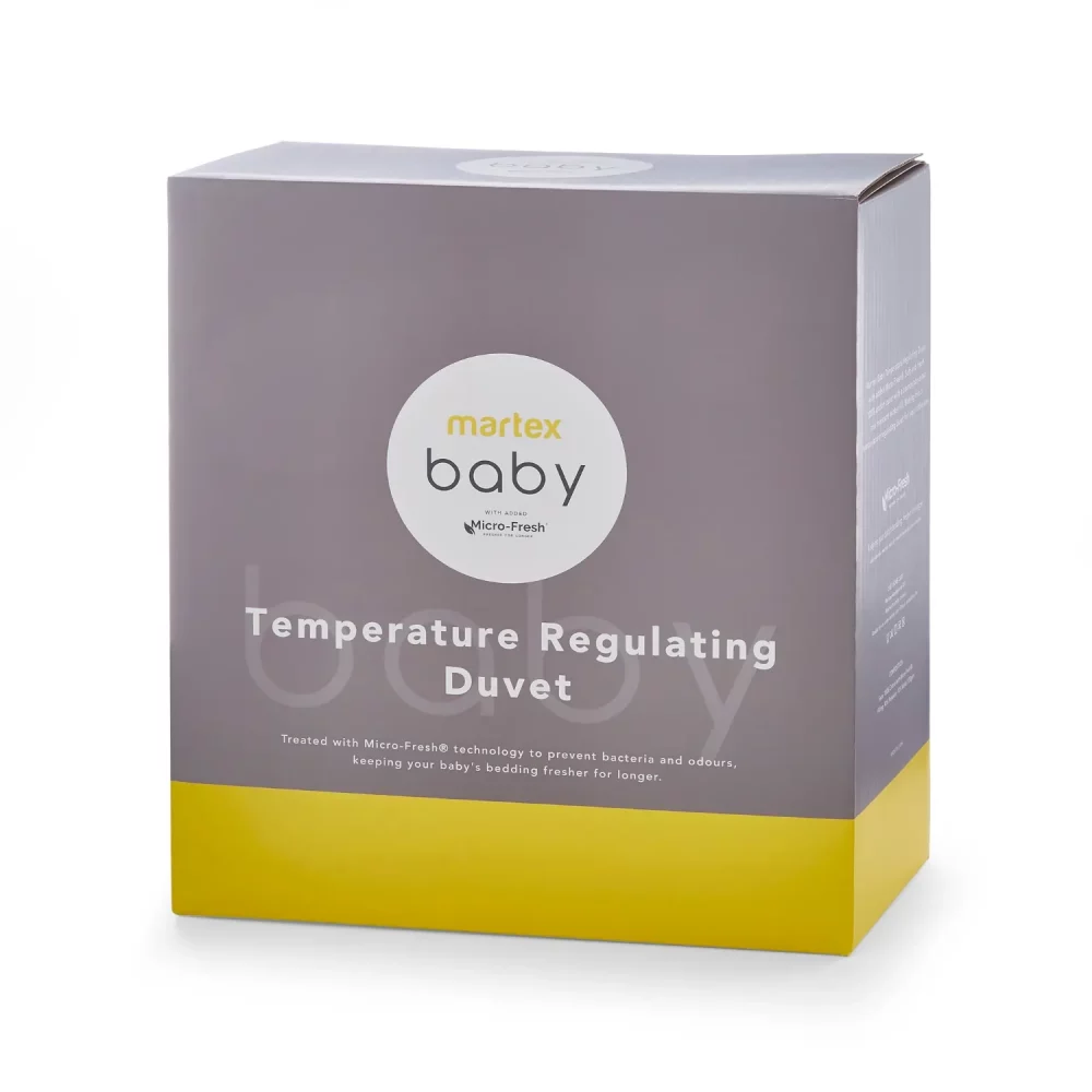 Grey and yellow packaging for a Martex Baby temperature regulating 4 tog duvet for use in a cot bed.