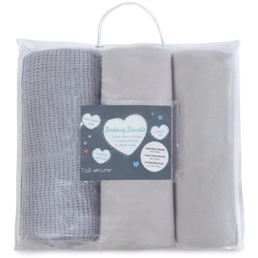 A grey cot bed starter set from Clair De Lune in its packaging. It contains a fitted sheet, cellular blanket, and polar fleece blanket.