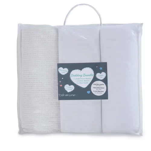 A white cot bed starter set from Clair De Lune in its packaging. It contains a fitted sheet, cellular blanket, and polar fleece blanket.