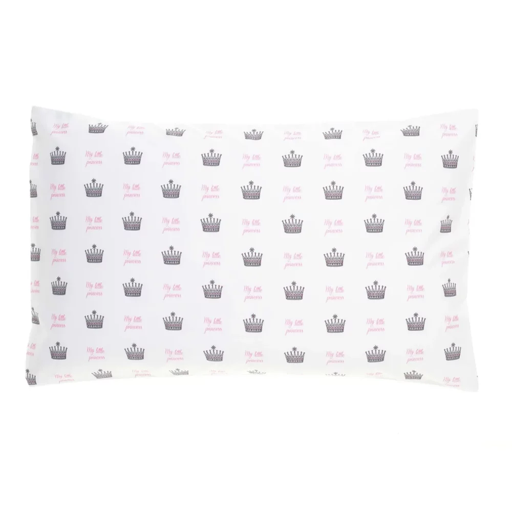 A white pillowcase. It features a print of small crowns all across it with pink writing that says 'My Little Princess'.