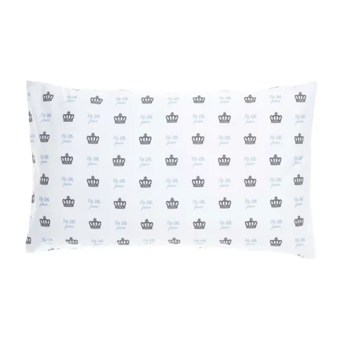A white pillowcase. It features a print of small crowns all across it with blue writing that says 'My Little Prince'.