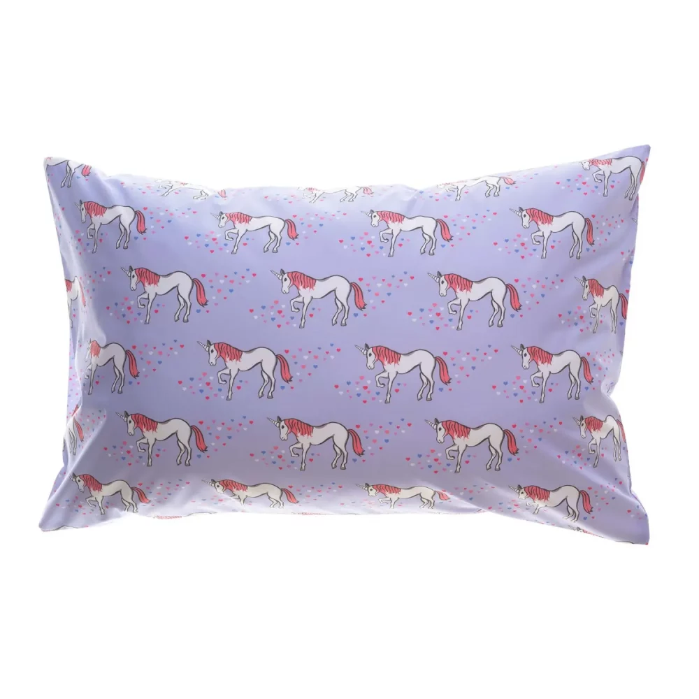 A lilac unicorn patterned pillowcase from Rachel Riley. The pattern includes white unicorns with pink hair, surrounded by multi-coloured love hearts.