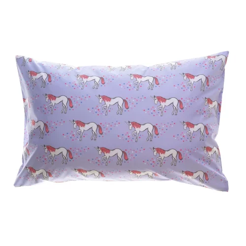 A lilac unicorn patterned pillowcase from Rachel Riley. The pattern includes white unicorns with pink hair, surrounded by multi-coloured love hearts.