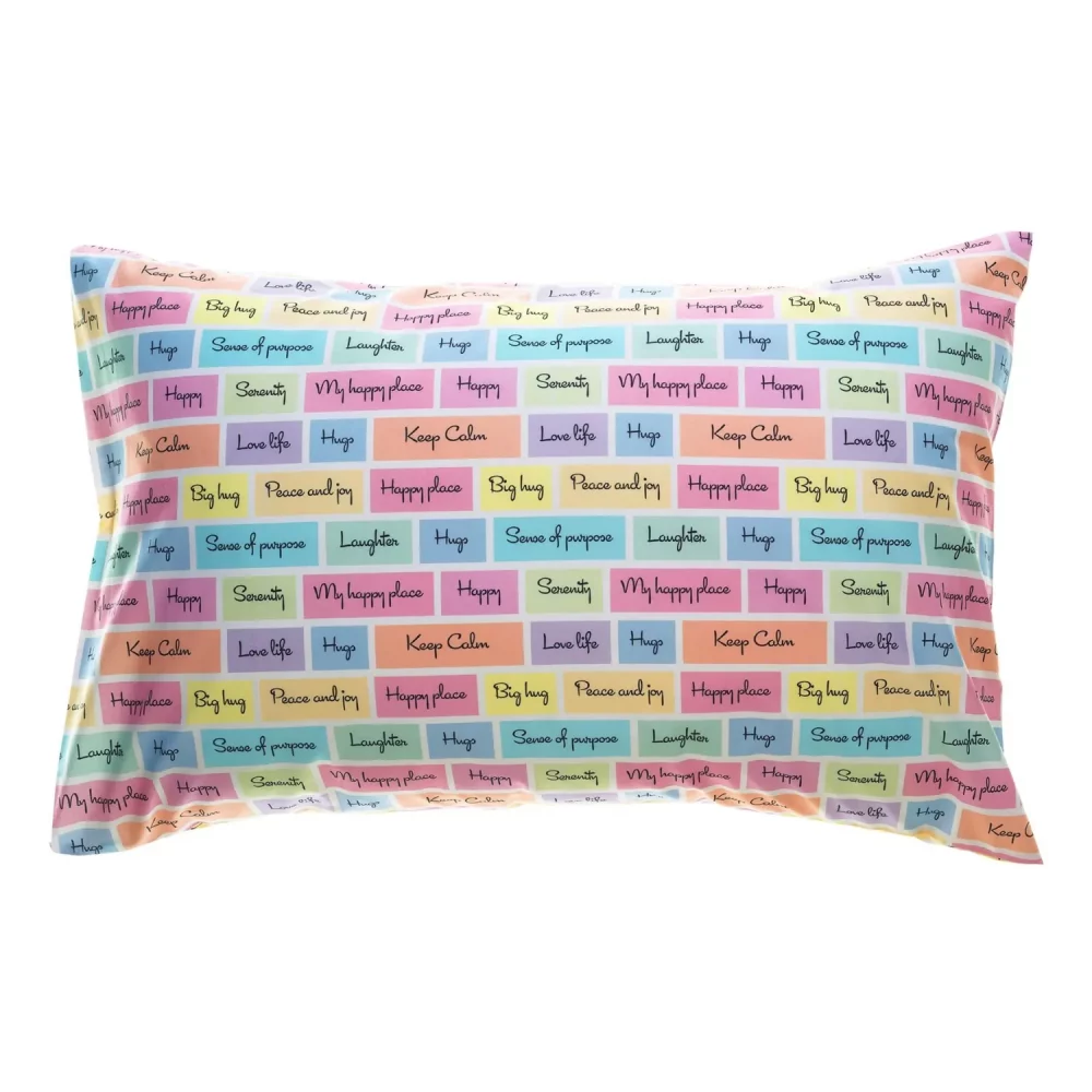 A multi-coloured pillowcase from Rachel Riley. It features a series of coloured squares that include motivational slogans such as 'peace and joy' and 'keep calm'.
