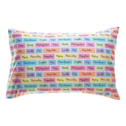 A multi-coloured pillowcase from Rachel Riley. It features a series of coloured squares that include motivational slogans such as 'peace and joy' and 'keep calm'.