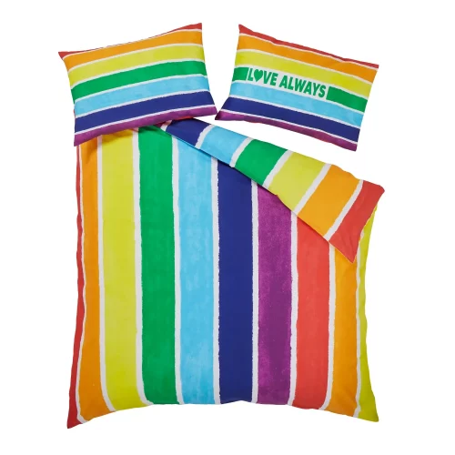 A multi-coloured rainbow Pride themed duvet cover and pillowcase set from Martex Pride on a white background. It says 'Love Always' on one of the pillowcases.