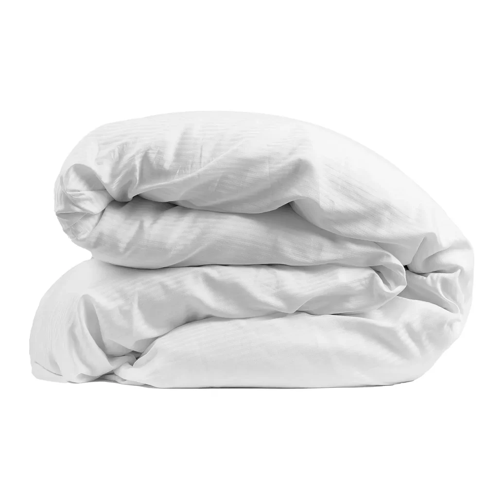 A Hotel Pure Luxury cotton rich percale satin stripe extra large duvet cover folded up on a white background.