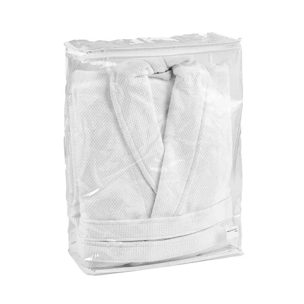 A bathrobe inside a transparent bathrobe storage bag